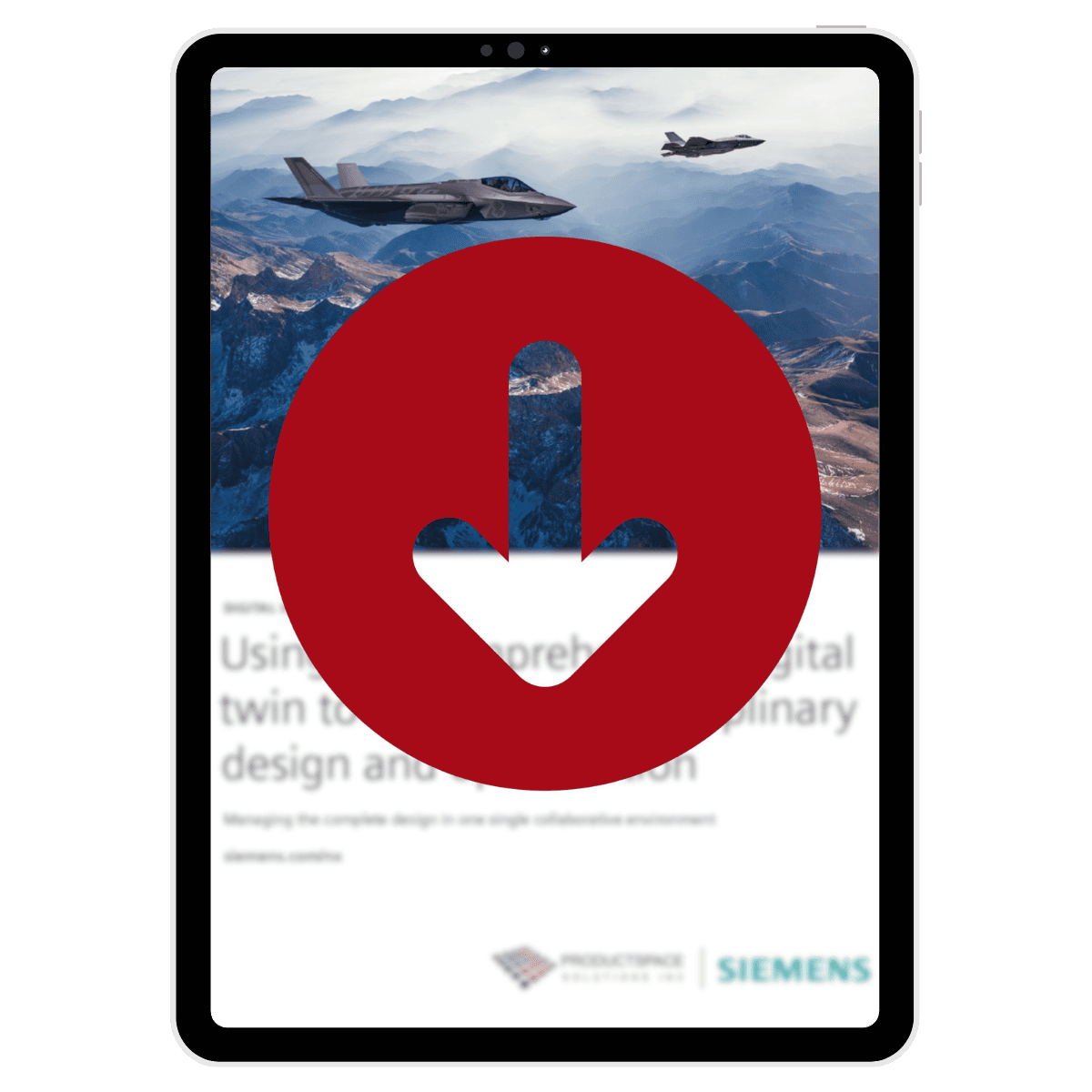 Download the Siemens NX eBook on using the comprehensive digital twin for multidisciplinary design and optimization – shown on a digital tablet with fighter jet illustration.