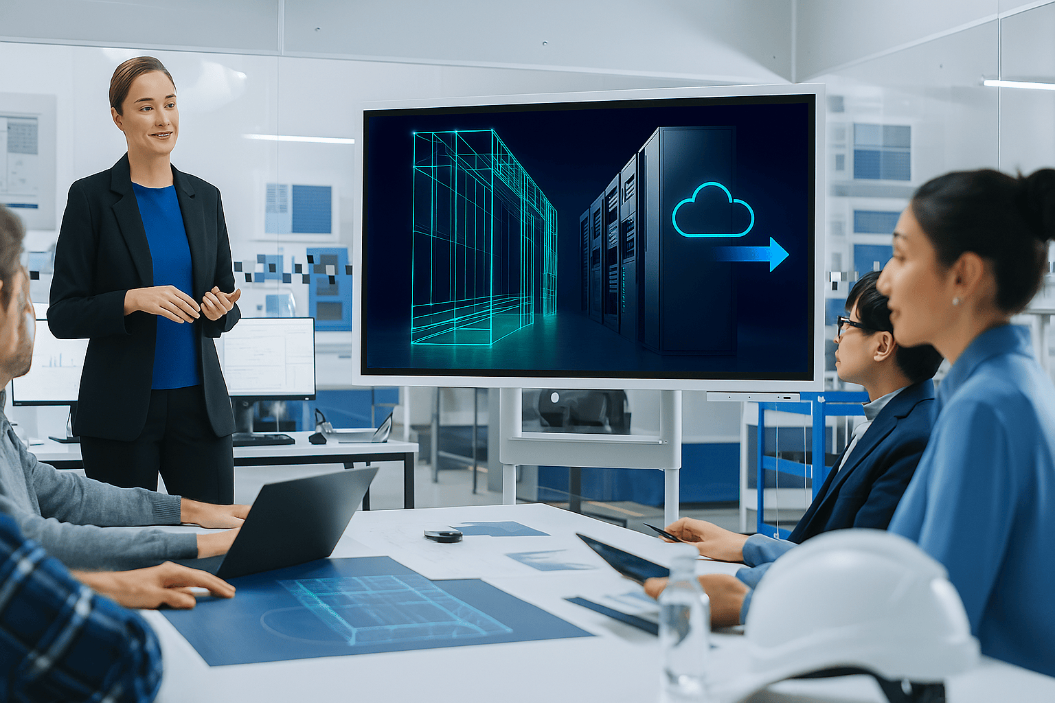 Hand pointing to digital icons representing interconnected engineering and product data in a Teamcenter PLM environment