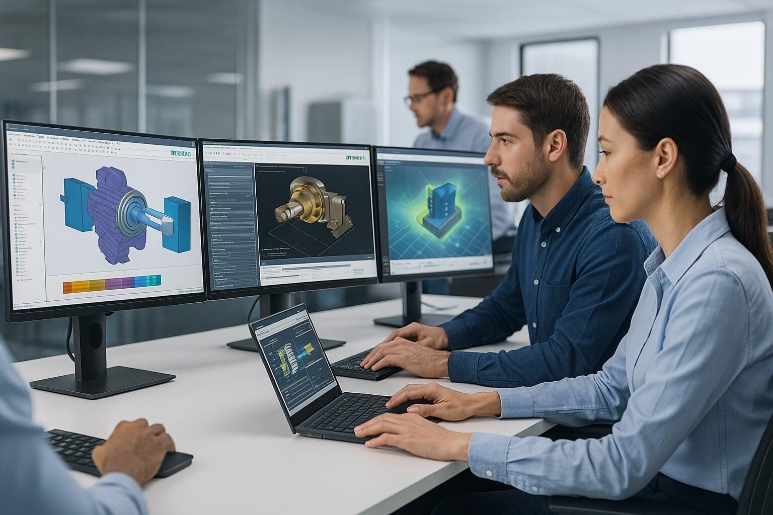 Three engineers in a modern office reviewing 3D assemblies, CAM operations, and simulations on NX software across ultra-wide monitors.