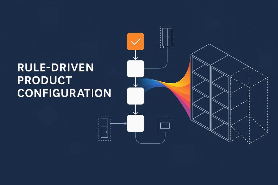 Digital illustration of engineer-to-order automation with rule-driven product configuration, representing Rulestream
