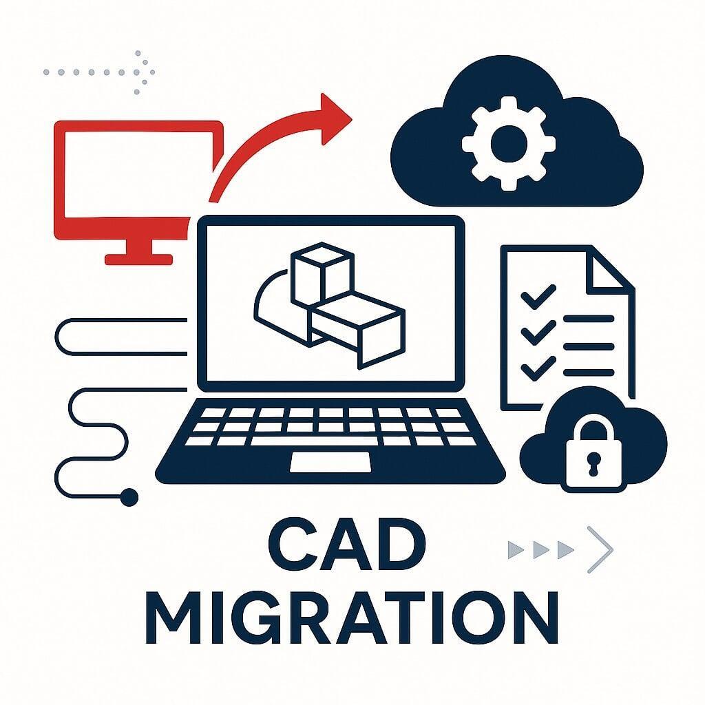 Illustration of CAD migration showing design files transferring between platforms with arrows, cloud icons, and interface windows on a white background.
