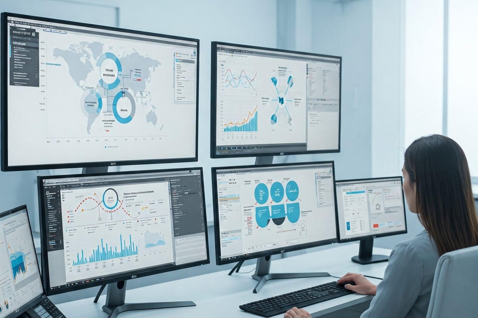 Female professional monitoring PLM data dashboards across multiple computer screens in a modern office setting