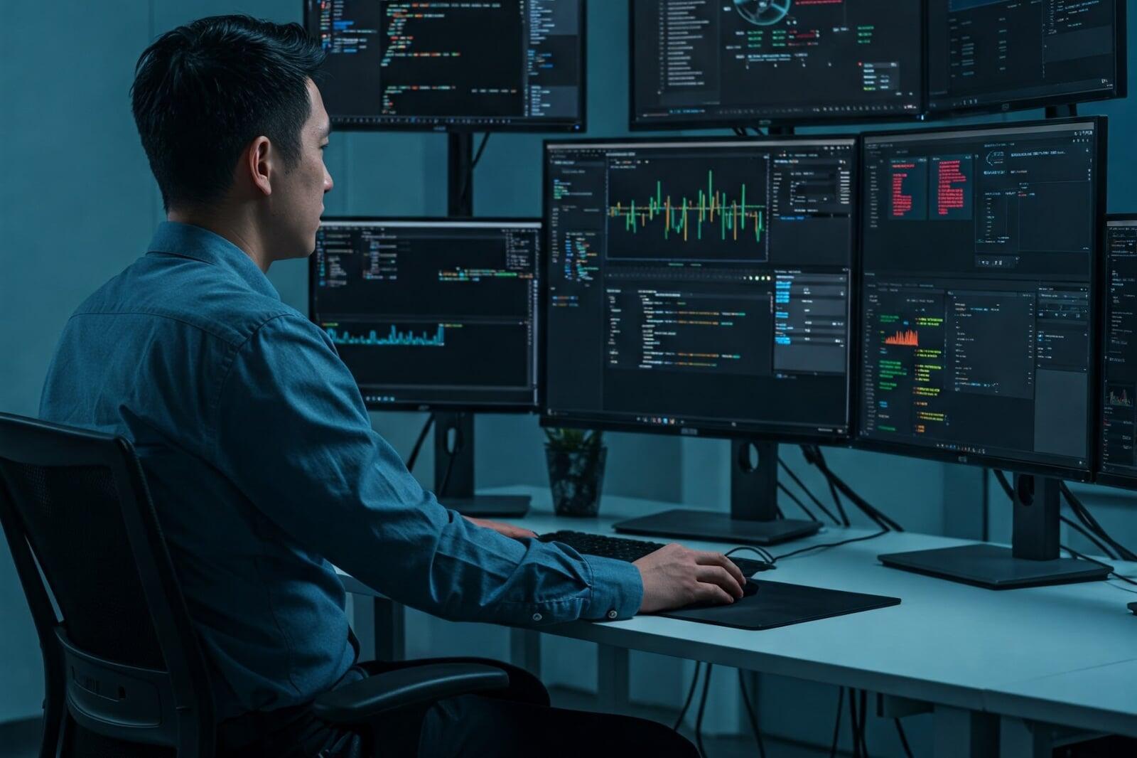 Professional analyzing data across multiple monitors in a dark control room setup